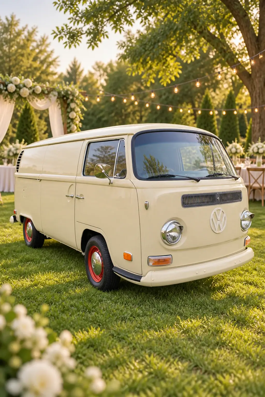 Kremowy fotobus Volkswagen w plenerowej scenerii weselnej
